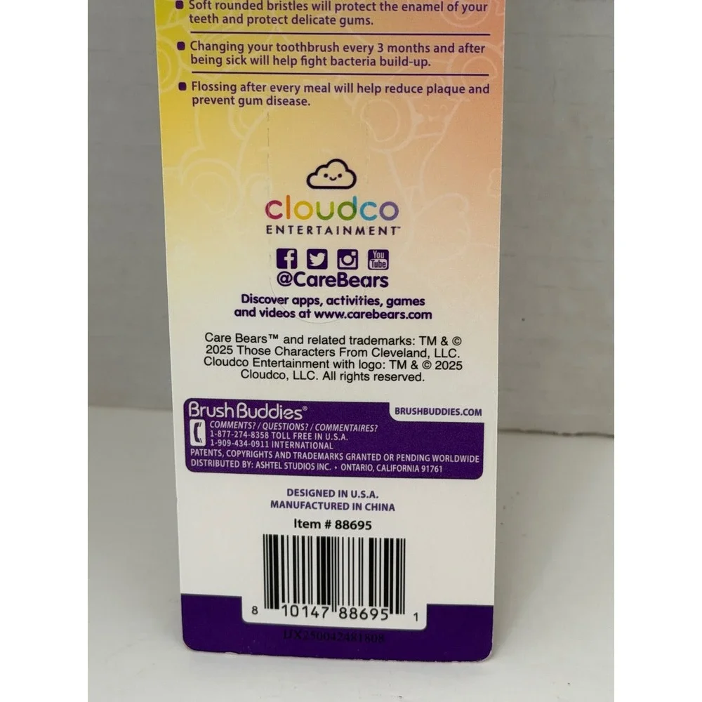 Brush Buddies Care Bears Toothbrush Kids Suction with Cap Soft Bristles Purple